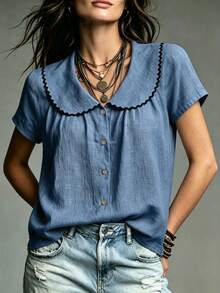 SHEIN بلوزة نسائية كاجوال أنيقة بأسلوب فرنسي عتيق للصيف، بسيطة للاستخدام اليومي، ملابس المكتب، التنقل والعطلات، لون مشمشي - أزرق متوسط - مشاهدة 4