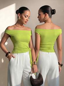Structelle Summer Casual Solid Color Off-Shoulder Tie-Front Top - Green - View 7