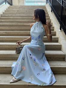 INAWLY Women's Floral Pattern Pleated Elegant Halter Neck Dress - Blue - View 3