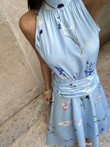 INAWLY Women's Floral Pattern Pleated Elegant Halter Neck Dress - Blue - View 5