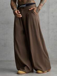 AXEPEAK Men's Pocket Pleated Design Wide Leg Loose Pants - Brown - View 7