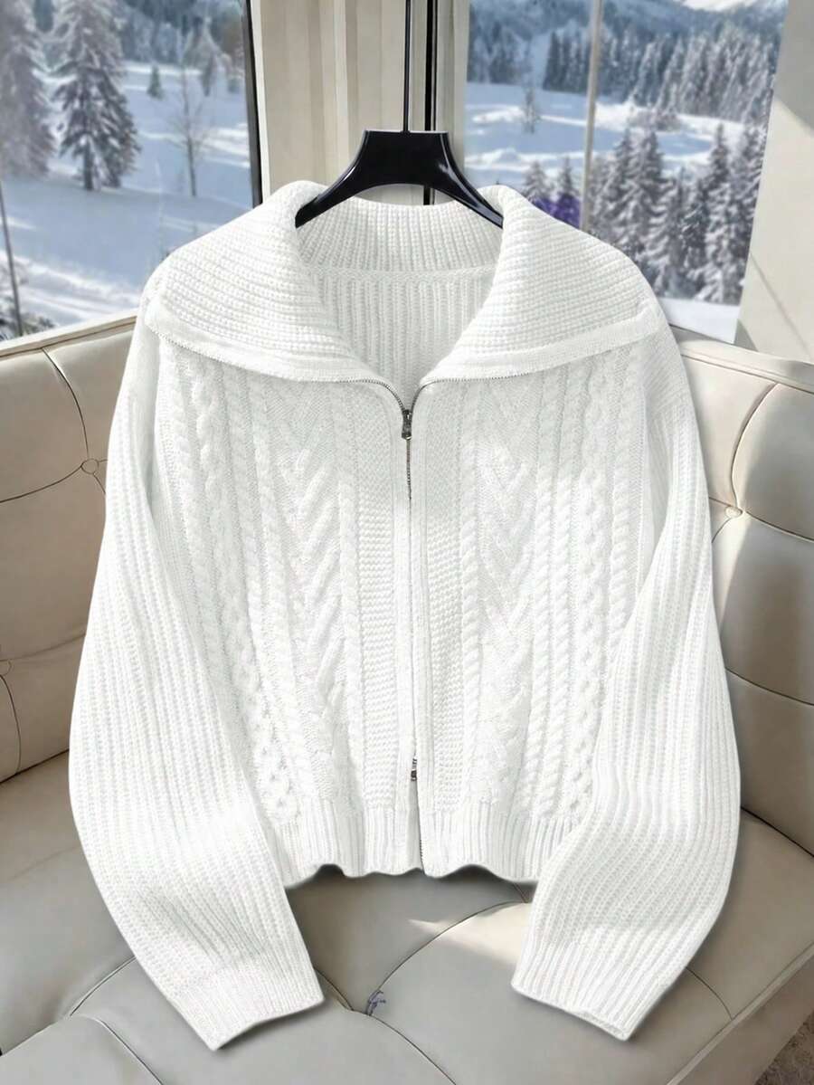 INAWLY Autumn/Winter Casual Versatile Solid Color Zip-Up Cardigan - White - View 1