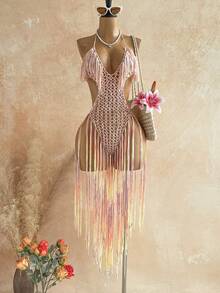 Soleia Women's Tassel Design Halter Tie Sexy Vacation Cover-Up Dress - Multicolor - View 1