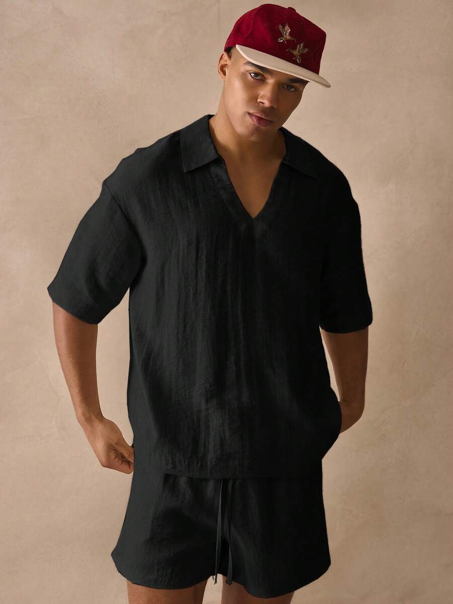 Musero Oversized Short Sleeve Deep V Neck Collared Drop Shoulder Thick Hem Linen Shirt Spring Summer Essentials Beachy Holiday - Black - View 1