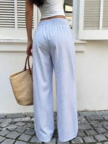 Sunnyshic Women's Spring/Summer Yellow & White Striped Straight Leg Pants With Gathered Waist, Casual Beach Vacation Stroll, Shopping, Date, Commute, Minimalist Daily Home Wear, Versatile - Blue - View 2