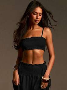 Athîral Women's Casual White Spaghetti Strap Elastic Shirred Top And Skirt Set, Date And Party Outfit - Black - View 4
