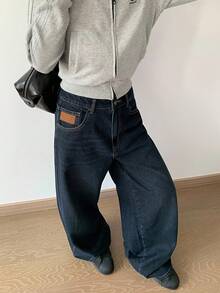 DAZY 女款水洗寬鬆休閒街頭風韓式牛仔褲，小個子學生款，海軍藍，夏季 - 藍色 - 查看 10