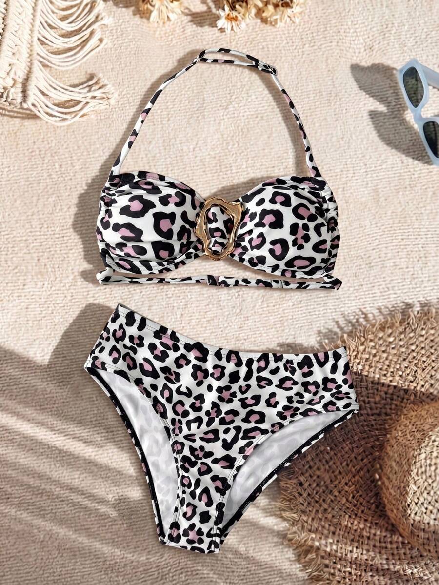 SHEIN Tween Girl Leopard Print Metal Decor Halter Neck Swimwear Set For Beach Vacation
