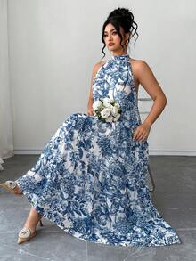 Elenzga 大尺碼花卉夏季長洋裝，掛脖分層飄逸海灘婚禮賓客婚前派對洋裝，大尺碼波希米亞花卉掛脖長洋裝，女款無袖分層飄逸夏季海灘度假長洋裝，大尺碼花卉掛脖長洋裝，無袖分層飄逸波希米亞長洋裝，大尺碼女款夏季度假穿搭 - 淺藍色 - 查看 7