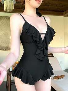 DAZY Baju Renang Wanita Model Camisole Seksi Warna Polos dengan Motif Patchwork dan Ruffle untuk Musim Panas di Pantai, Cocok untuk Liburan. - Hitam - View 5