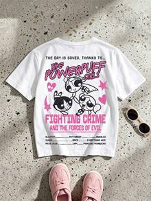 THE POWERPUFF GIRLS X SHEIN GraphicGems 少女休闲街头日常通勤趣味卡通字母印花宽松白色T恤，夏季 - 白色 - 查看 2