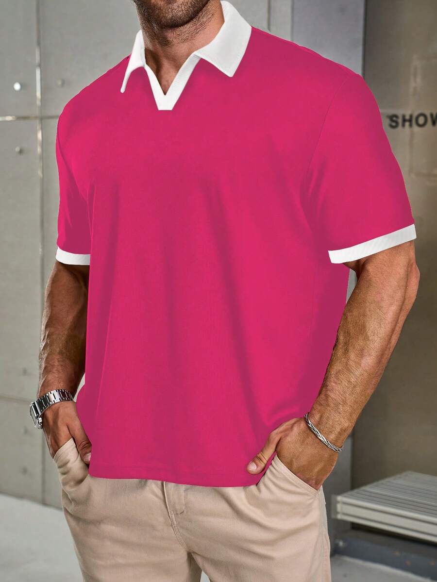 Manfinity Homme Men's Plus Size Colorblock Short Sleeve Casual Commute Polo Shirt - Coral Pink - View 1