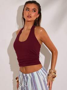 SHEIN BAE Women's Sexy Solid Color Backless Halter Neck Top For Summer Going Out Burgundy - Burgundy - View 5