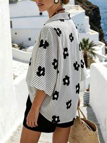 Breezaya Women's Summer Casual Minimalist Style Geometric Line Pattern Split Hem Drop Shoulder Trim Shirt Fashion Commute Blouse - Black - View 2