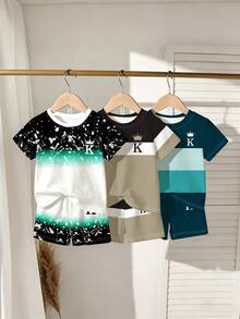 Young Boy Summer Casual Set, Crown K Logo Design, Colorblock Patchwork Short Sleeve T-Shirt + Shorts 2pcs Set, Cool Little Boy Must-Have, - Multicolor - View 3