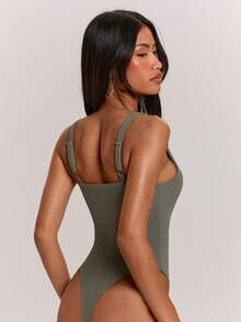 SHEIN BAE Damen einfarbiges Tanktop-Bodysuit mit quadratischem Ausschnitt - Grün - Übersicht 2