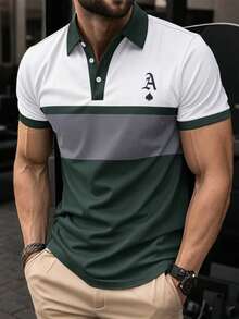 Manfinity Dauomo Men's Letter Print Colorblock Casual Versatile Daily Travel Short Sleeve T-Shirt - Army Green - View 1