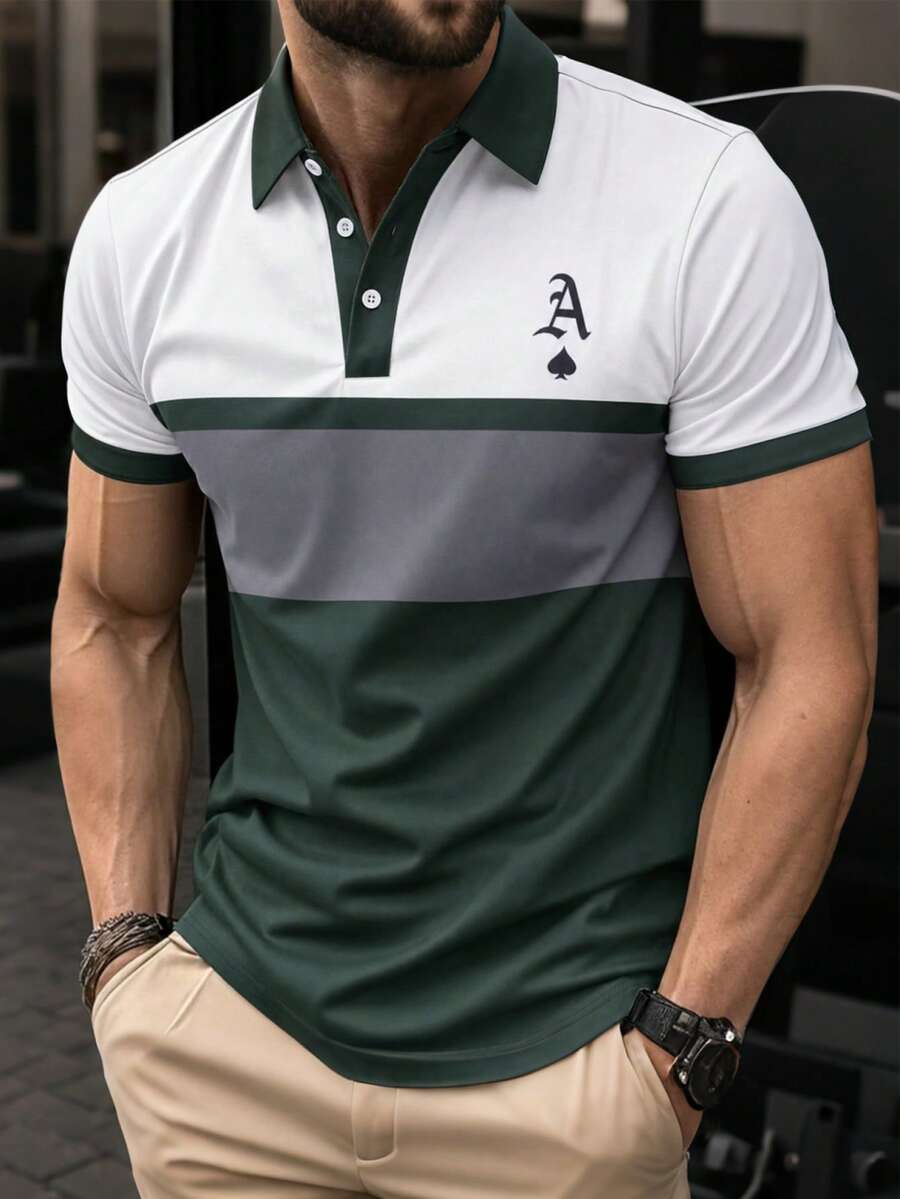 Manfinity Dauomo Men's Letter Print Colorblock Casual Versatile Daily Travel Short Sleeve T-Shirt - Army Green - View 1