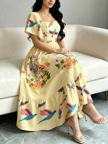 Modelyn 黃色條紋花卉鳥類與植物圖案優雅大尺碼洋裝，女款時尚方領大荷葉袖短袖洋裝，夏季收腰中長裙，花卉圖案淺黃色長洋裝，波西米亞風格洋裝，適合夏季度假、日常、外出穿著 - 彩色 - 查看 1