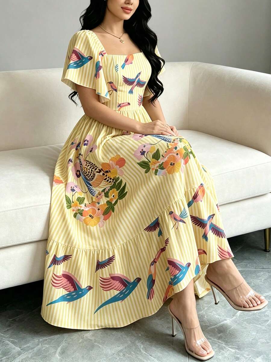 Modelyn 黃色條紋花卉鳥類與植物圖案優雅大尺碼洋裝，女款時尚方領大荷葉袖短袖洋裝，夏季收腰中長裙，花卉圖案淺黃色長洋裝，波西米亞風格洋裝，適合夏季度假、日常、外出穿著 - 彩色 - 查看 1