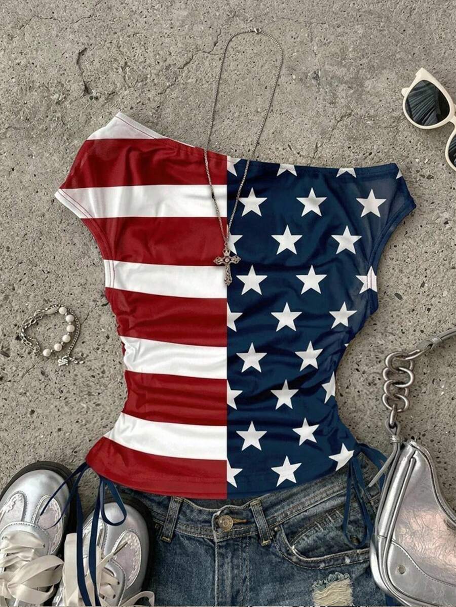 Attitoon Women's Off-Shoulder American Flag Print Ruched Casual Top - Multicolor - View 1
