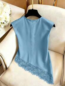 SHEIN Franclia 女款圓領蕾絲拼接休閒百搭日常襯衫 - 藍色 - 查看 2