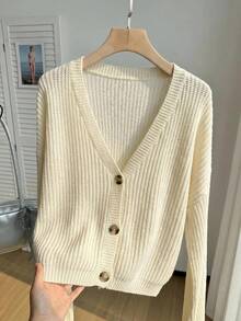 SHEIN EZwear 女款大尺碼純色V領落肩長袖針織開襟外套 - 米色 - 查看 6