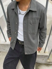 GENIUS ODE Men's Spring/Summer Single-Breasted Lapel Casual Versatile Daily Wear Long Sleeve Denim Jacket - Grey - View 3