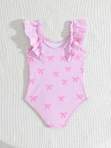 Baby Girl Striped Bow Decor Ruffle One-Piece Swimsuit, Suitable For Summer Vacation & Beach - Multicolor - View 2