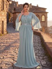 Serin Plus Size Elegant Luxurious Romantic Blue Sequin Patchwork Sequins Rhinestone Flutter Sleeve Chiffon Ruched A-Line Wedding Event Bachelorette Party Vacation Prom Evening Gown (Intricate Design) - Baby Blue - View 8