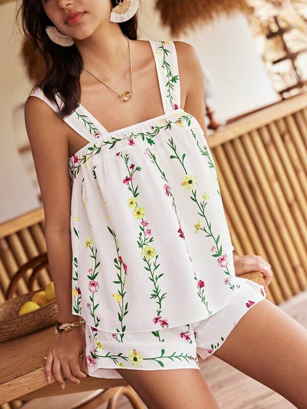 Lullawish Bohemian Striped Floral Print Camisole Women's Pajama Set