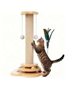 1PC Multifunctional Tall Wooden Cat Scratching Post With Two Tier Track Ball Interactive Feather Hanging Toy Durable No Mess Indoor For Adult Kitten Cat Pet Supplies - Brown - View 2