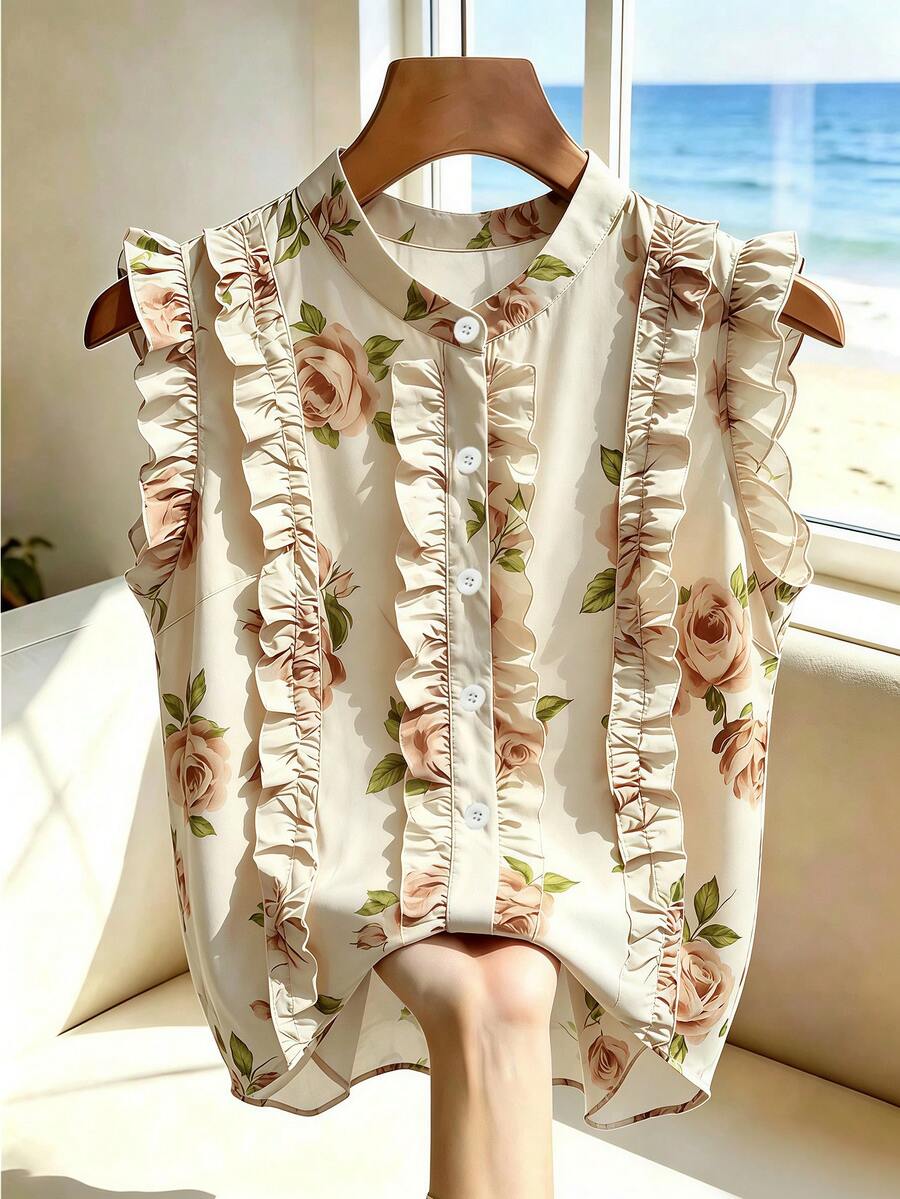 Franclia 女款花卉印花荷葉邊單排扣時尚襯衫 - 棕色 - 查看 1