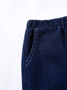SHEIN 2件裝小男孩寬鬆休閒拼色鈕扣牛仔水洗效果襯衫與牛仔短褲套裝，適合夏季日常穿著、上學、度假、出遊、假日、旅行、放鬆、曬太陽、夏季 - 藍色 - 查看 4