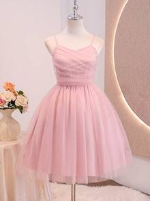 SHEIN Tween Girls Elegant Back To School Pink Strap Contrast Mesh Hi Waist Cinched Flared A-Line Dress Sixth Form,Graduation,Party Autumn Fall Christmas - Pink - View 3