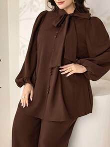 Veilorie Damen Große Größen Urlaubs Schleife Bindung Top und lockere lässige lange Hose 2 Stücke Set - Kaffeebraun - Übersicht 7