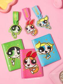THE POWERPUFF GIRLS X SHEIN 卡通女孩主題金箔PU皮革護照夾與行李吊牌組，可愛旅行文件收納夾附名片夾，卡通迷專用旅行行李箱識別標誌 - 彩色 - 查看 2