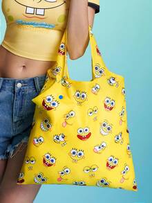 SpongeBob SquarePants | SHEIN 1個可愛卡通印花聚酯纖維材質可摺疊購物袋、托特包，附小收納袋與珠鏈，可掛在包上，度假、水下、海綿、章魚兄弟 - 黃色 - 查看 3