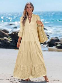 Sylviya Casual Women's Summer V-Neck Yellow Beach Dress - Apricot - View 3