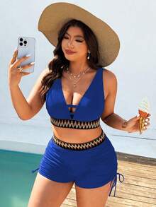Swim Lushoire Plus Size Women's Solid Color 2-Piece Set Bikini Swimsuit With Webbing Thick Straps V-Neck Top And Drawstring Hipster Bottoms Beach Light Blue Summer - Blue - View 5