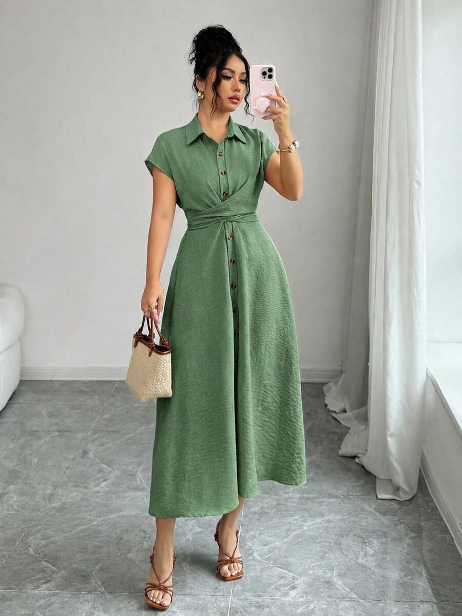 Elenzga Women's Spring/Summer Elegant Casual Khaki Design Bow Tie Ruched Slimming Single-Breasted Stand Collar Short Sleeve Shirt Dress - Green - View 1