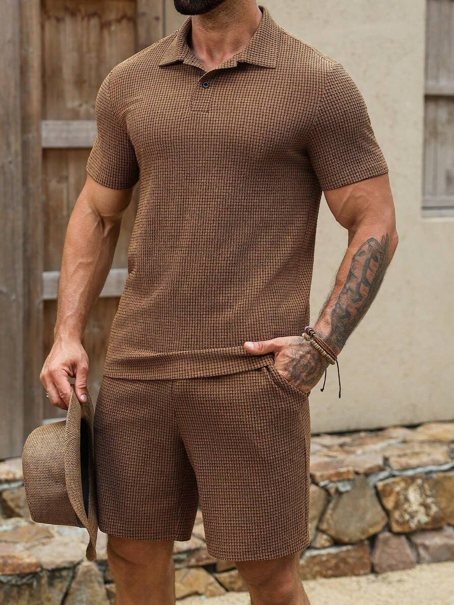 Palmeraft 男士宽松纹理焦糖色休闲Polo衫套装,夏季轻盈精致风格 - 卡其色 - 查看 1