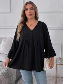 SHEIN CURVE+ Plus Size Women's Autumn Casual Elegant Loose-Fitting Crisp Versatile Slimming Black V-Neck Shirt Office Bussines Formal Fall Teachers' Day - Black - View 3