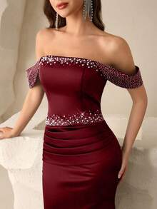 Coutiva Women's Tube Front Beaded + Rhinestone Embellished Bustier Formal Evening Gown (Heavy Workmanship Style) - Burgundy - View 6