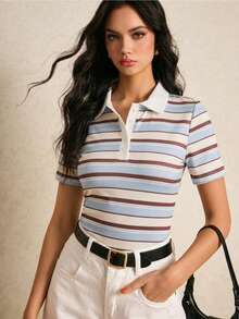 Poéselle 女款拼色條紋印花 Polo 領短袖 T-shirt，夏季 - 彩色 - 查看 4