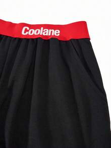 SHEIN 青少年女孩字母印花拼色休閒百搭日常穿著運動長褲 - 黑色 - 查看 4