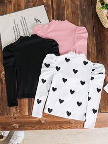 SHEIN LMoss Kids 少女秋冬休閒百搭假領泡泡長袖愛心印花修身T恤3件組 - 粉色 - 查看 2