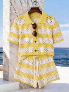 SHEIN Holidaya 新款春夏海灘度假奶杏色底鏤空紋理撞色翻領溫柔慵懶復古下擺休閒百搭柔軟舒適居家高級設計日常POLO領開襟衫綁帶短褲女款針織套裝2件組 - 黃色 - 查看 8