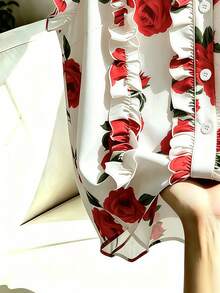 Franclia Women's Floral Print Ruffle Single-Breasted Shirt - Red - View 3