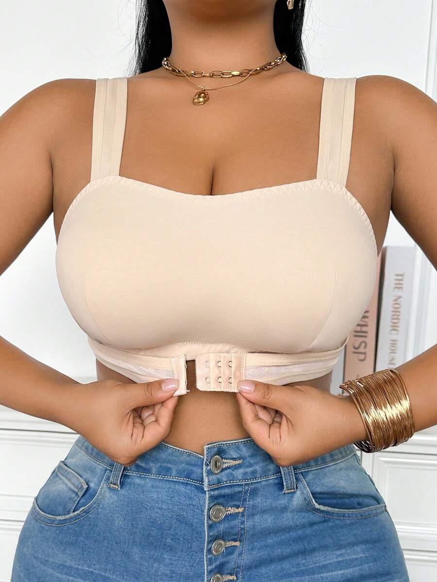 SHEIN 1pc Comfortable Wide Strap Front Closure Bra - Apricot - View 1